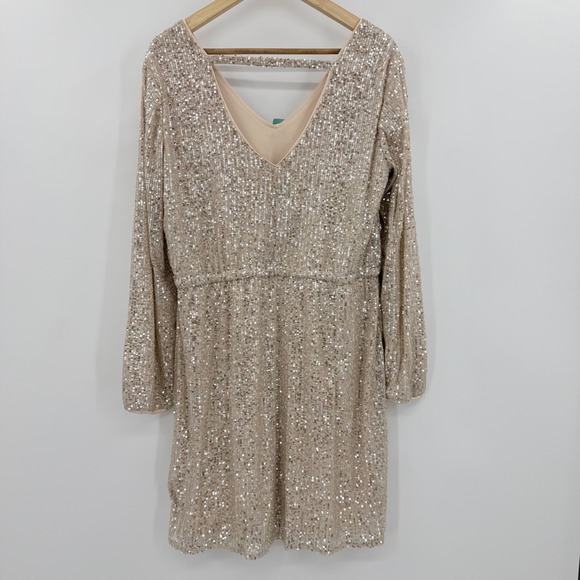 Maurices Dresses & Skirts - Maurices Womens XL Sequin V-Neck Mini Dress Champagne Gold Long Sleeve New NWT